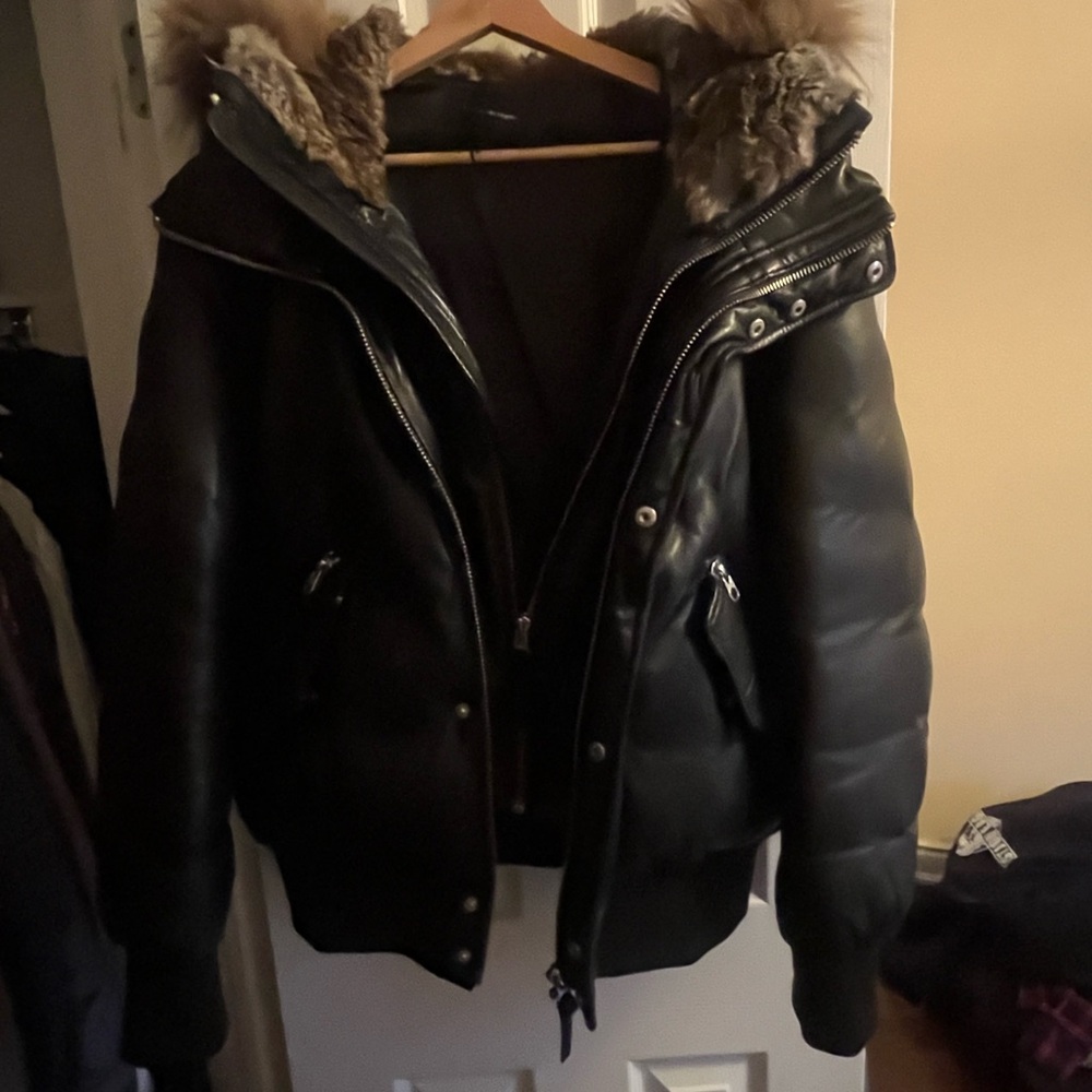 Mackage Black Leather Bomber Jacket with Fur Trim